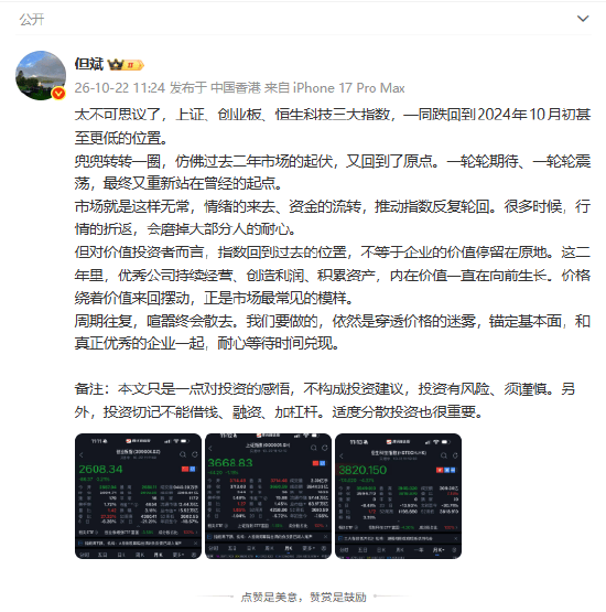 但斌:三大指数跌回2024年10月初甚至更低 太不可思议!